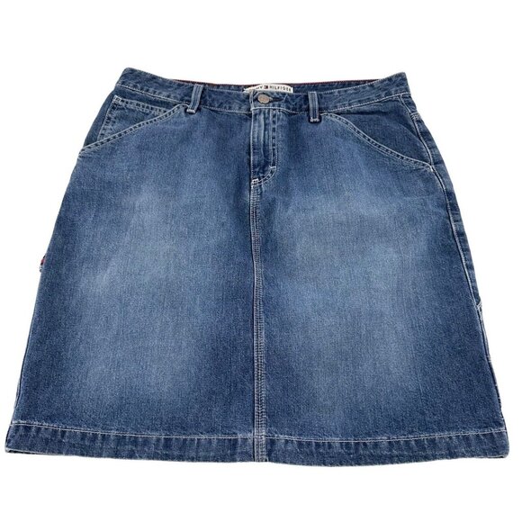 Tommy Hilfiger Vtg Y2K Logo Cargo slit Denim Jean Skirt size 10 Carpenter Mini - Picture 8 of 11
